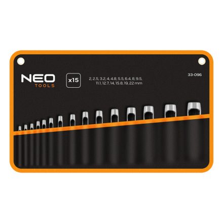 NEO Tools 33-096 Bőrlyukasztó készlet, szénacél, 15db-os, 2-22mm, oxfordszövet tok