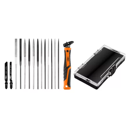 NEO Tools 44-653 Tűreszelő és fűrész készlet 14db-os, gyorscsatlakozós nyéllel, műanyag tokban