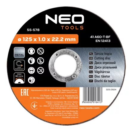 NEO Tools 55-578 Vágókorong, fémhez, 125x1x 22.2mm, 41A60-T-BF, 10db, NEO Tools