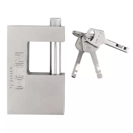 NEO TOOLS 85-063 Lakat 90mm oldalcsapos, rézöntvény-acél, időjárásálló, 3 kulccsal, NEO TOOLS